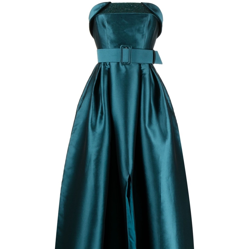 Sachin & Babi Ceri Deep Teal Beaded Belted Strapless Ball Gown Dress